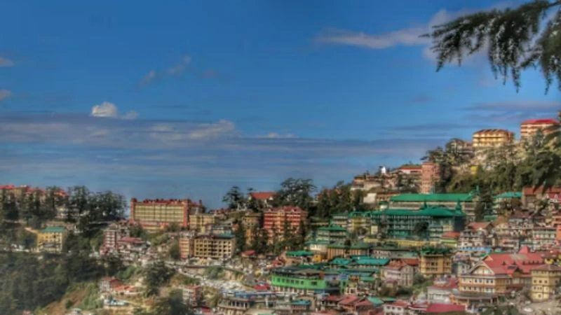 Wide view of Shimla town with colorful buildings and hills