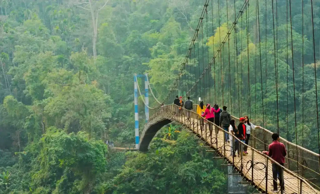 Meghalaya waterfalls and green hills, one of the best places to visit in India in June for monsoon travel
