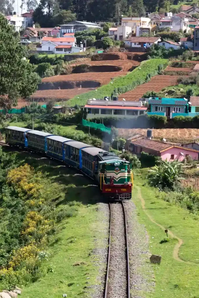 Scenic hill station view in Ooty Tamil Nadu with green mountains and cloudy skies